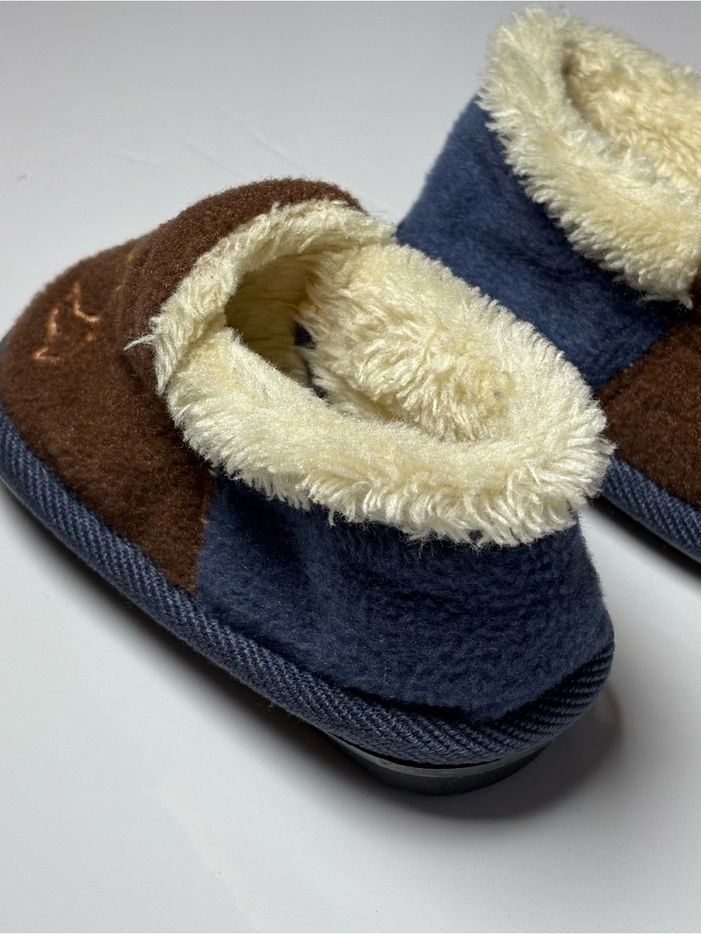 Puppy Dog Faux Fur Slippers Brown Vintage Retro Style Size 4-5 Navy Blue - Picture 9 of 9